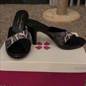 black faux snakeskin high heeled slides